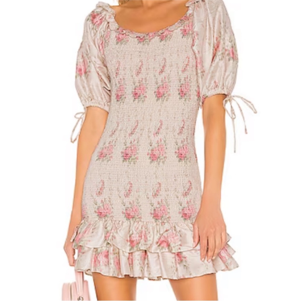 LoveShackFancy violet Pink and Cream Mini Dress